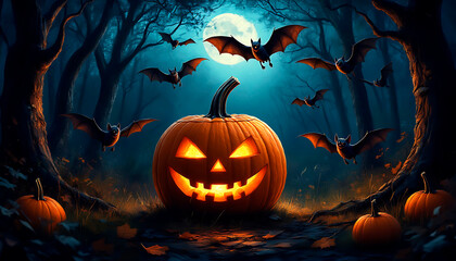 Jack-o'-lantern glowing in a spooky forest with bats flying around under the moonlight, creating a perfect halloween atmosphere