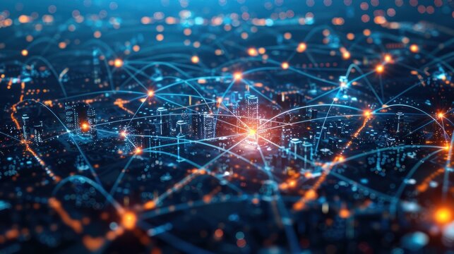 City network, digital cityscape.  Abstract connections