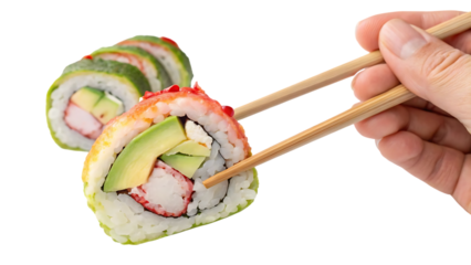 Hand holding fresh sushi roll with avocado and crab with chopsticks isolated on transparent background