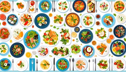 Colorful assortment of various dishes on plates