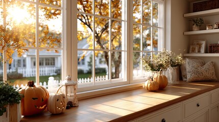 Carved pumpkins sit on a windowsill, glowing warmly in the sunlight, filled with anticipation for Halloween festivities in autumn