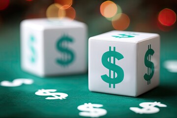 Two white cubes, dollar signs, on a green surface