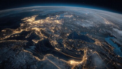 Earth's European night glow, city lights, and network of roads