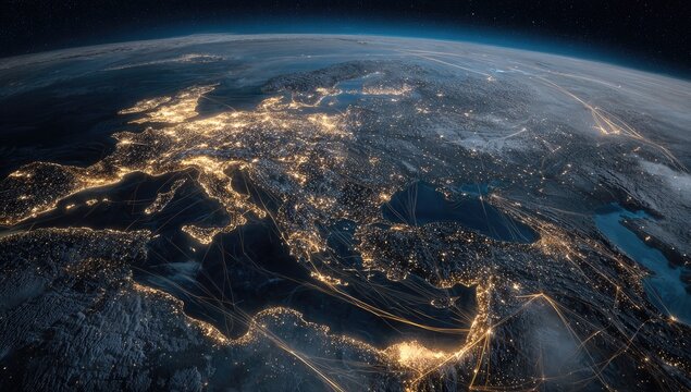 Earth's European night glow, city lights, and network of roads