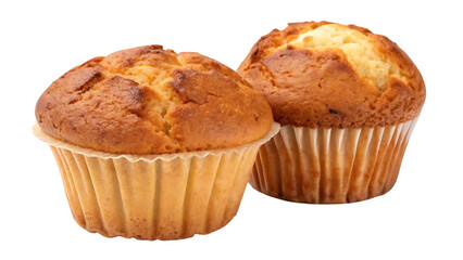 Two delicious golden brown muffins in paper liners isolated on transparent background