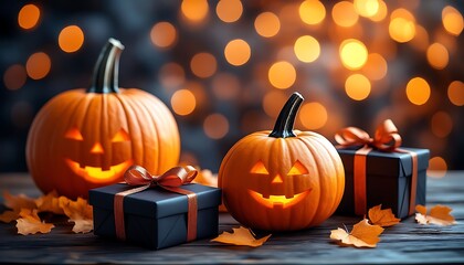 Fototapeta premium Halloween pumpkins and gift boxes are placed on a wooden table with blurred lights in the background, creating a festive atmosphere