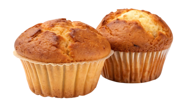Two delicious golden brown muffins in paper liners isolated on transparent background