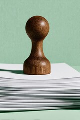 Wooden stamp atop stack of papers