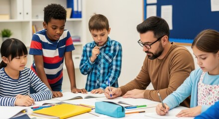 A teacher guides young students in a classroom during a lesson, fostering a collaborative learning environment