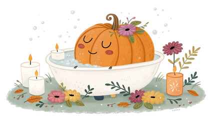 Cute halloween pumpkin relaxing in a bathtub with candles and flowers isolated on transparent background