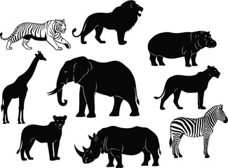 African wild animals silhouette collection, lion, tiger, elephant, zebra, rhino, cheetah, giraffe, hippo vector illustration for design