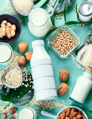 Various vegan plant based milk and ingredients.