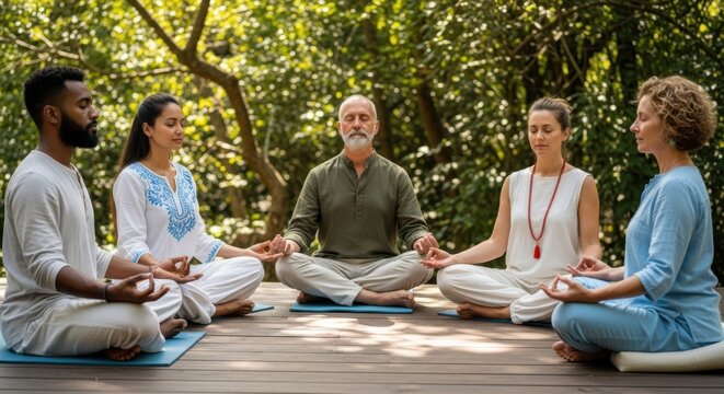 A diverse group of adults practice yoga and meditation outdoors in a serene natural setting, promoting inner peace