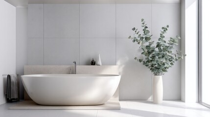 Fototapeta premium minimalist bathroom interior, white ceramic bathtub, natural stone accents, eucalyptus branches, clean bright lighting