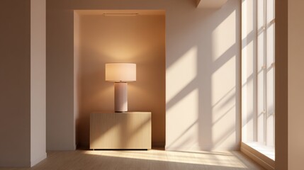 minimalist evening room, soft lamp light, neutral colors, shadows on walls, warm and tranquil ambiance 