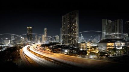 Obraz premium City highway at night with network connections.
