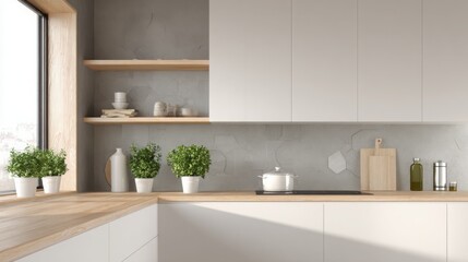 minimalist kitchen interior, matte white cabinets, wooden countertops, natural daylight, herbs in small pots, open shelves