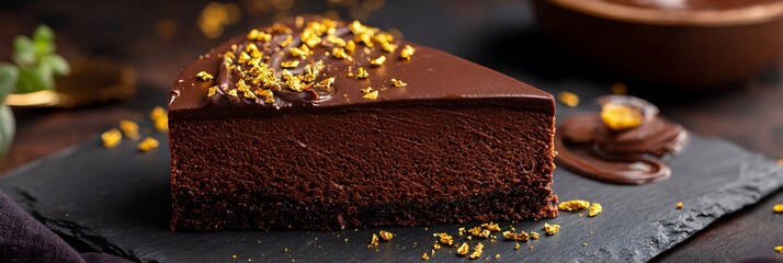 A slice of chocolate cake with golden sprinkles on a black slate board in a dark setting