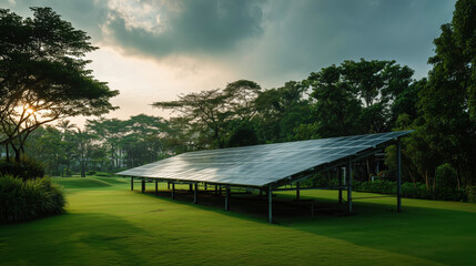 Obraz premium Solar panels in a lush green landscape under a dramatic sky.