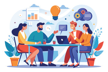 Workers engage in negotiations at a collaborative table setting with plants, laptop, and visual aids in a modern workspace during a meeting