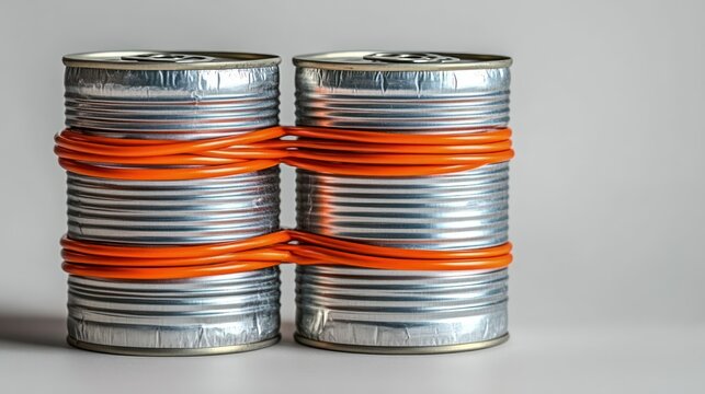 Two metallic cans bound by orange cords