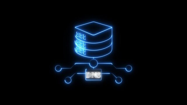 Futuristic glowing DNS server icon with blue neon light, showing domain name system connections, internet infrastructure, and network communication flow