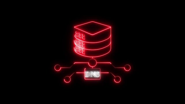 Futuristic glowing DNS server icon with blue neon light, showing domain name system connections, internet infrastructure, and network communication flow
