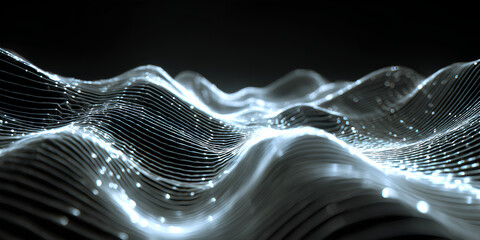 Abstract glowing digital waveform with illuminated particles on a dark background