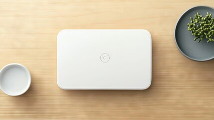 A minimalist white rectangular device sits on a light wood surface, accompanied by a small bowl and a gray dish with a tiny green plant.  A subtle circular detail is centered on the device's top