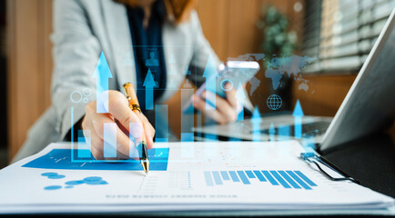 Financial report data of business operations balance sheet and income statement as Fintech concept.