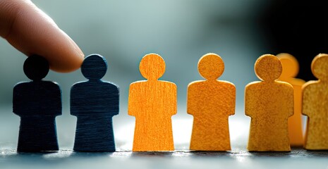 A hand points to a dark figurine in a line of light-orange figurines