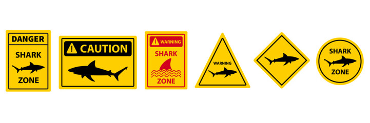 Vector Yellow Shark Sighting Sign Set Isolated. Shark Attack Warning. Danger for Surfing and Swimming. Shark Zone. Vector illustration