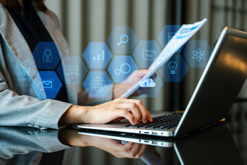 Digital marketing media in virtual screen.businesswoman hand working with mobile phone and modern...