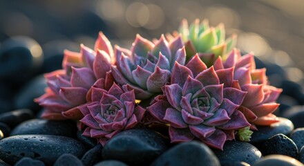 Colorful Succulent Plants Resting on Smooth Black Pebbles in Soft Morning Light