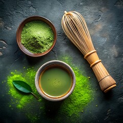 Photo of a traditional matcha tea set with bamboo whisk and vibrant green powder creates a serene and healthy beverage scene
