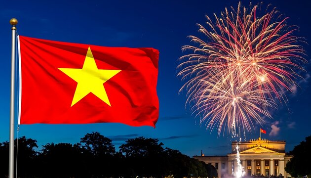 Vietnamese flag waving in front of Brandenburg Gate in Berlin with fireworks exploding in the evening sky during a celebration