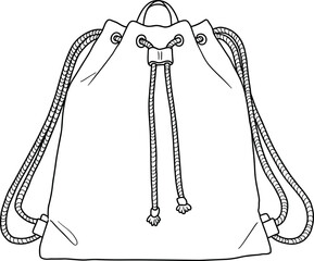 Drawstring backpack line art, minimalist design, fashion accessory sketch, vector illustration, casual bag, black and white outline