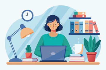 Woman studying at home with a laptop, surrounded by books and a cozy workspace during the morning hours