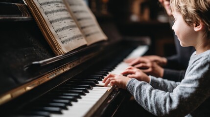 Young child learning to play the piano alongside an adult, hands on the keys with sheet music in front, capturing a tender moment of musical education, focus, and creativity in a warm indoor setting