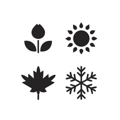Four black seasonal icons including a flower sun maple leaf and snowflake tulip stem