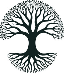 Isolated round tree silhouette with branches, leaves and roots on white background