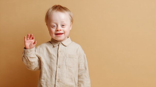 Smiling young boy with Down syndrome standing against a neutral beige background, waving with joy and dressed in a light linen shirt, radiating positivity, warmth, and individuality