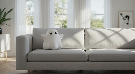 sofa in living room with spooky doll