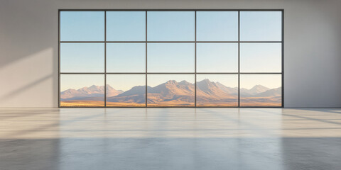 Wide modern window framing a stunning mountain landscape with clear skies and bright sunlight in an empty gallery space