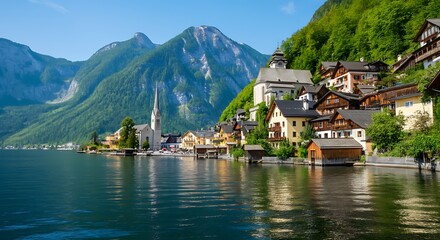 Naklejka premium Hallstatt Austria Scenic Lakeside Village with Majestic Mountain Backdrop European Travel Destination in Summer