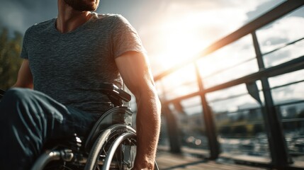 Naklejka premium Young man in a wheelchair confidently navigating a sunlit urban bridge, wearing a casual t-shirt and jeans, symbolizing strength, independence, and mobility in an inclusive modern environment