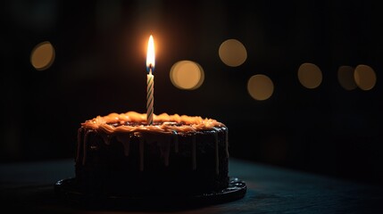 Single candle on a chocolate cake in the dark.