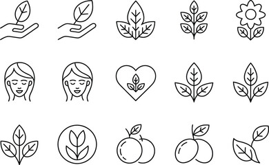 Line Art Icons Leaf in Hand, Woman Face, Heart Shape, Fruits, and Floral Elements
