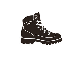 Hiking boot silhouette icon for outdoor adventure. Simple isolated vector graphic of a trekking shoe for camping and mountain climbing.