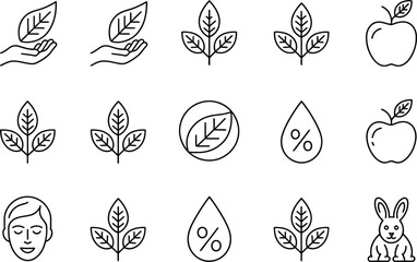 Line Icons Leaf In Hand, Plant Sprig, Apple, Water Drop, Face, Rabbit Icon Set